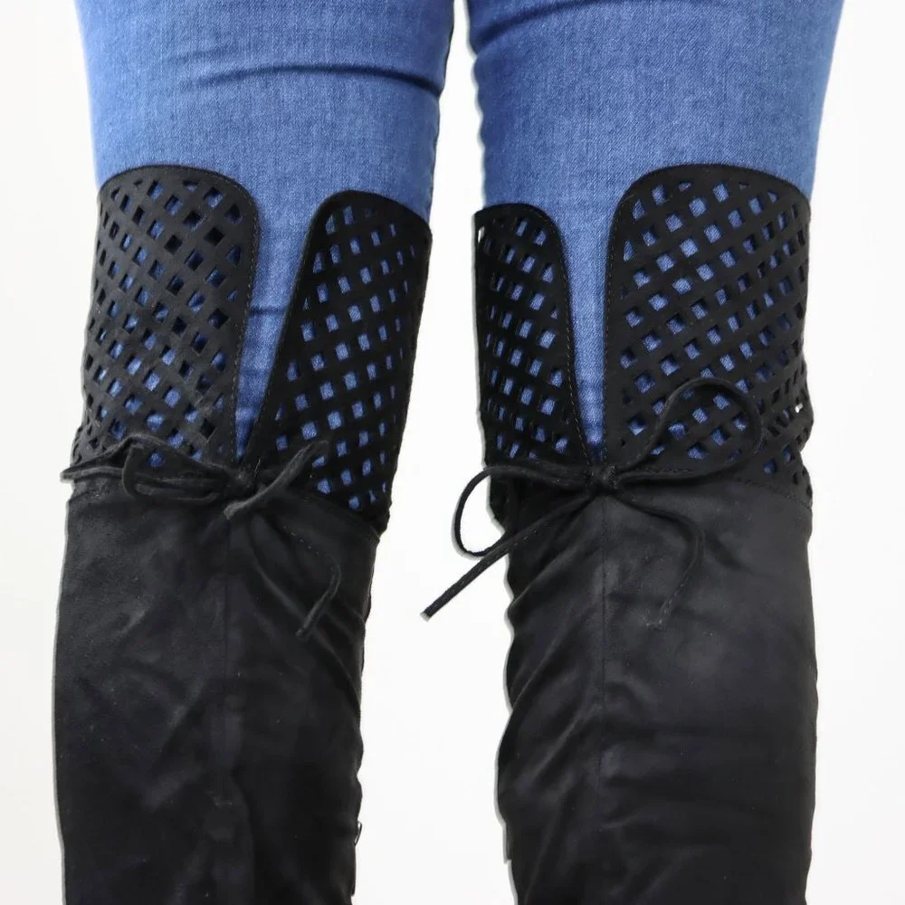 Black Thigh High Over The Knee Flat Boots Faux Suede - Picture 10 of 15